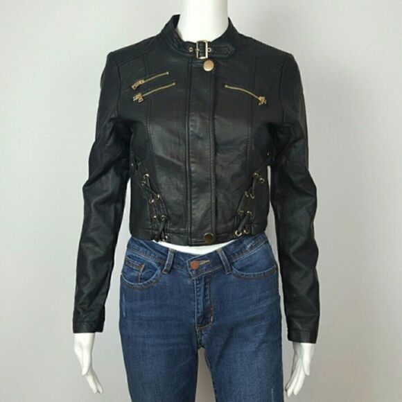 Women's Vegan Leather Motto Jacket Black‎ - Picture 2 of 6